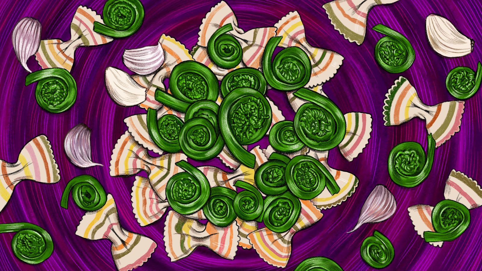 Bright green fiddlehead ferns scattered over rainbow farfalle. Illustration.