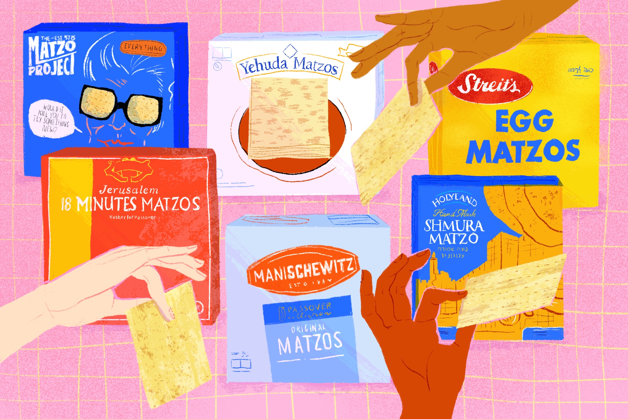 Three hands holding pieces of matzo are superimposed over boxes of Yehuda regular matzo, Manischewitz matzo, Streit’s egg matzo, Holyland shmura matzo, Jerusalem’s 18-minute matzo, and the Matzo Project. Illustration.