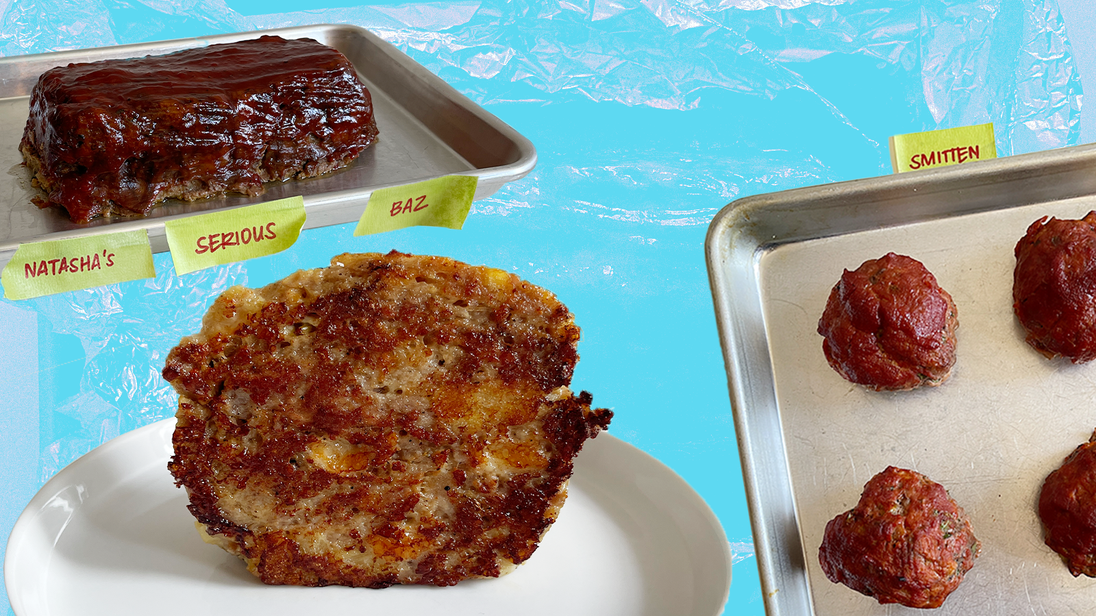 Meatloaf in three forms - as meatballs, a traditional loaf, and a slice - against a light blue backdrop. Photo collage. 